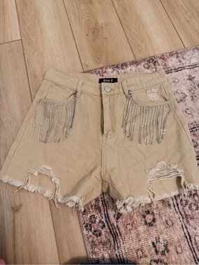Tan Distressed Fringe Denim Shorts with Rhinestone Tassels